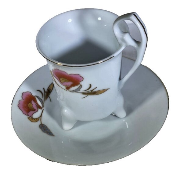 Porcelain Demitasse, Espresso Cups & Saucers, Pink Floral with Gold Trim, Footed - Picture 1 of 5